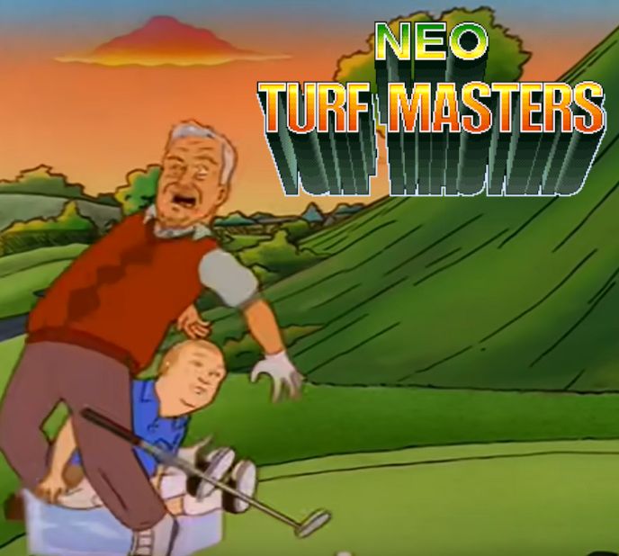 Bobby Hill riding a large ice cube into a golfer on King of the Hill, with the NEO TURF MASTERS arcade game logo plastered on for comedic effect