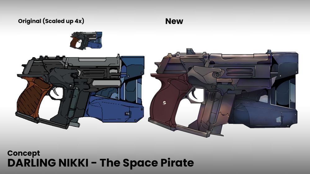 Old and New concepts of the futuristic pistol, the "Darling Nikki" from The Space Pirate
