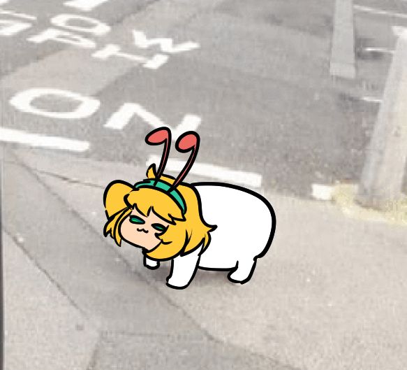 Hudu drawn over an image of a rather fat dog standing on the sidewalk