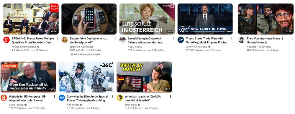 Screenshot aus Youtube mit Videovorschlägen, fast alle haben Trump im Titel