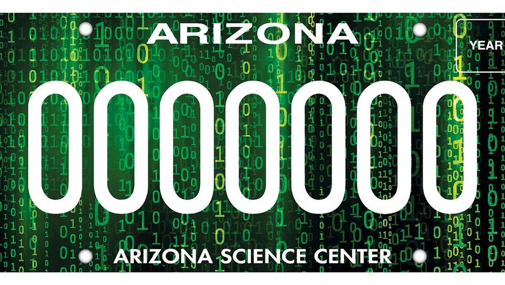 An Arizona license plate with seven zeros and a background with green ones and zeroes like often seen in The Matrix movies