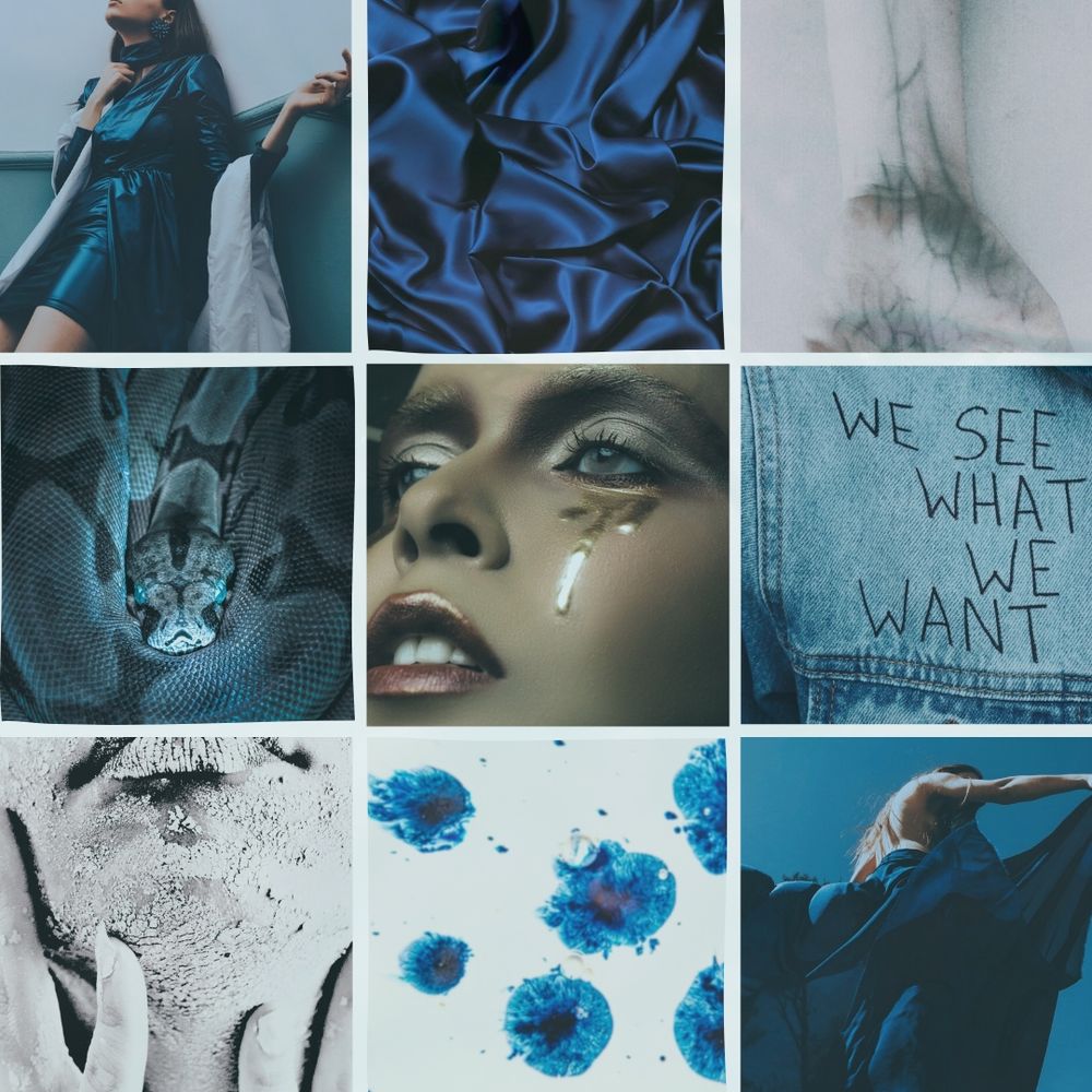 9 square moodboard soaked in blue hues: a distraught eye in center with golden glitter tears, woman in blue clutching neck, sapphire flowing silk fabric, wrist with black veins, jean jacket with “we see what we want” scrawled in black, back of woman in blue dress twirling against sky backdrop, blue drops bleeding into water, white flaking skin treatment, blue coiled snake.