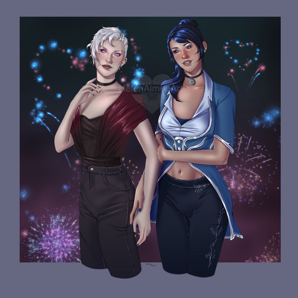 A half body sketch drawing of two characters from World of Warcraft. The character on the left has pale skin, glowing pink eyes and short white hair with one side braided along her scalp. On the right the character has lightly tanned skin, blue eyes and long blue black hair tied into a ponytail. The characters are smiling at each other about to hold hands, they are stood in front of a sky filled with pink and blue fireworks.