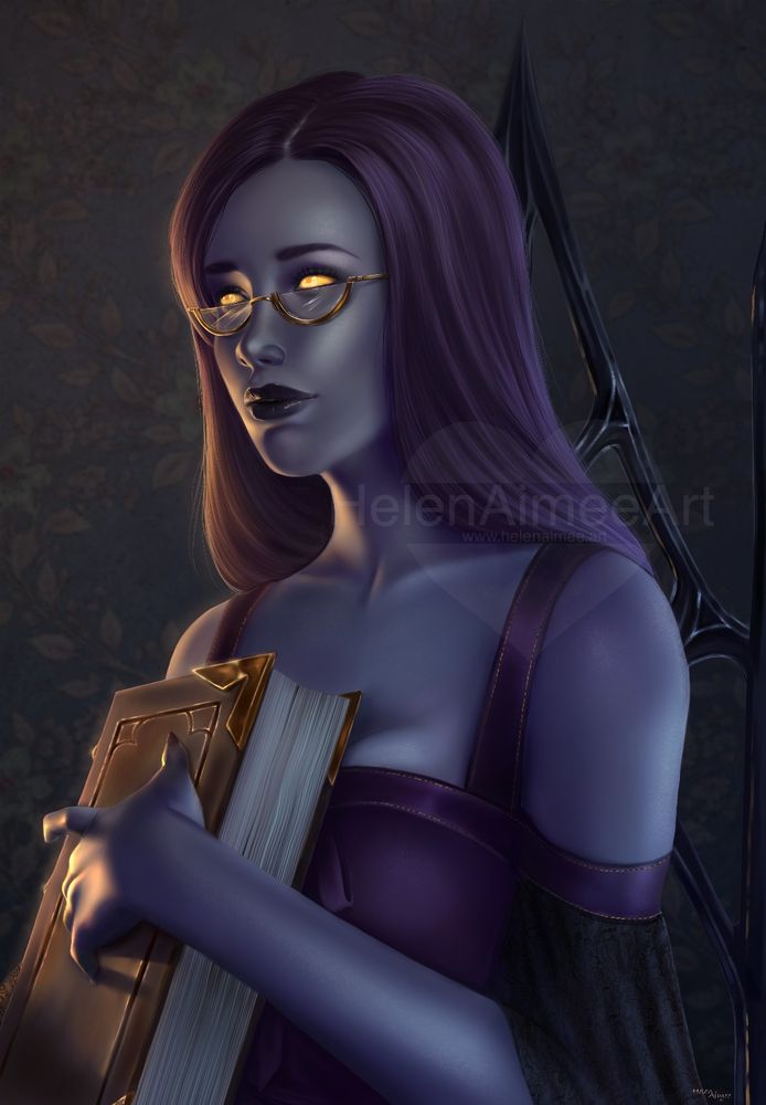 A digitally painted portrait of a female forsaken (undead) from the World of Warcraft universe. The character has grey skin, glowing gold eyes and shoulder length straight dark lavender hair. She is wearing glasses and a dark purple dress with sheer black sleeves and she is holding a large leather bound tome. The character is staring away from the viewer with a melancholy look on her face.