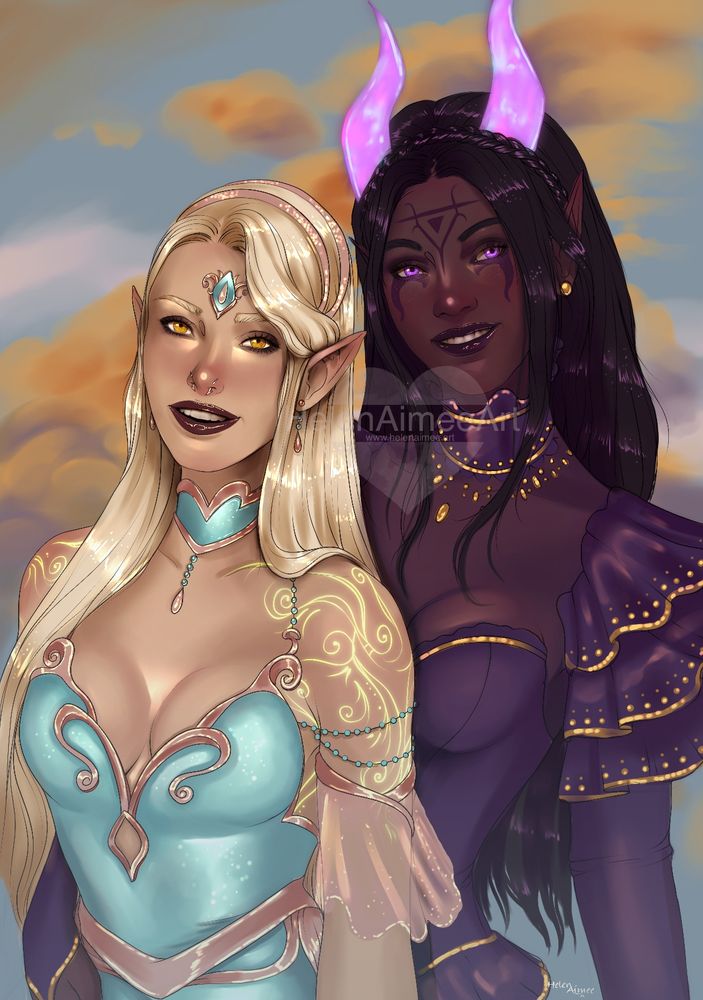 A half-body coloured sketch of two elves from the Elder Scrolls universe. Allura is a half-Altmer (half High Elf and half Imperial) with pale golden skin, bright gold eyes and long white blonde hair, she is wearing a blue silk dress with pink metallic detailing. 

Mileni is a Dunmer (Dark Elf) with dark skin, purple eyes and long black hair, she is wearing a ruffled purple gown with lots of golden details. Mileni has one of her arms around Allura's waist and they are both smiling in front of a sunset sky.