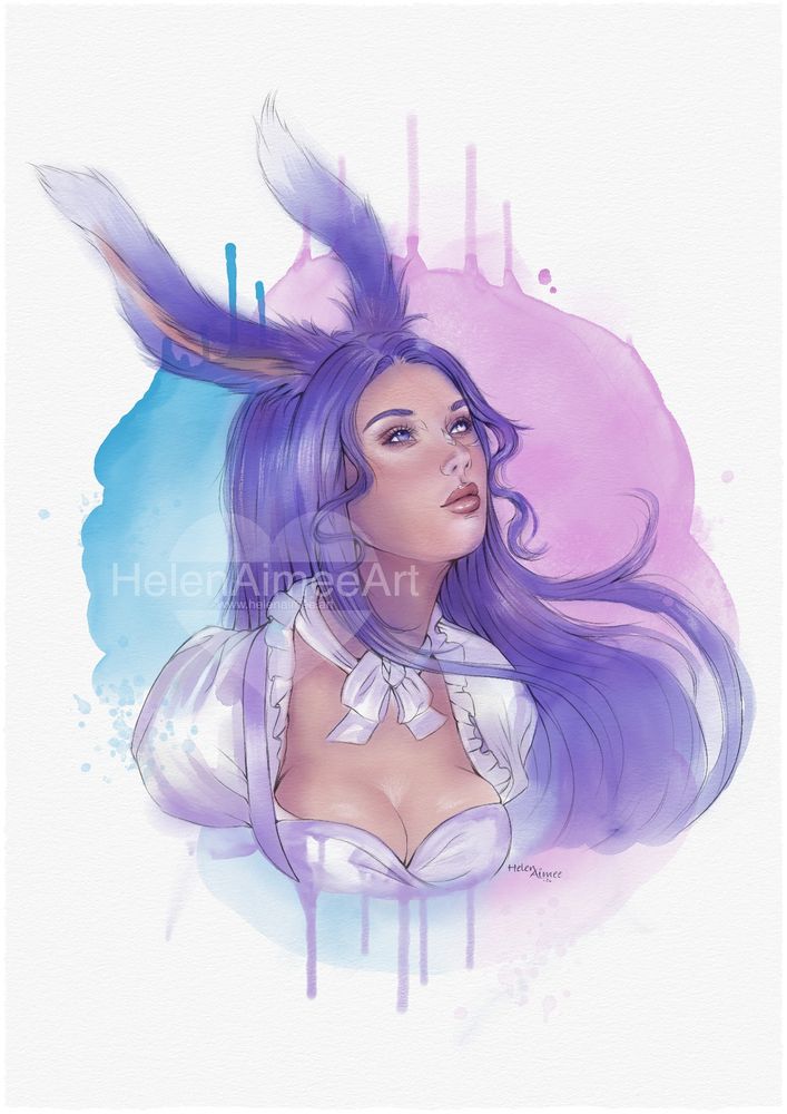 A digital watercolour sketch of a female Viera from the Final Fantasy XIV universe. She has pale skin, purple and grey heterochromatic eyes and long purple hair with large rabbit ears. The character is dressed in a purple and white blouse. The background is blue and pink watercolour splatters.