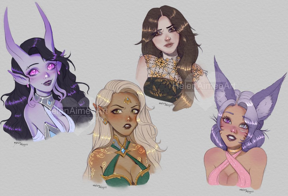 A digital sketchbook page of four cartoon characters from different video game universes. Left to right = Neefia from World of Warcraft (a pale purple skinned Draenei female with glowing pink eyes and long black hair), Allura from Skyrim (a female half elf character with golden skin, bright gold eyes and long blonde hair.), Tabitha from Vampire The Masquerade (a female vampire with pale skin, brown eyes and long straight brown hair) and Rinh from Final Fantasy XIV (a female Miqo'te with light tanned skin, purple hair and purple and grey heterochromatic eyes)