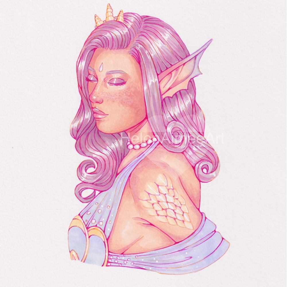 A head to bust traditional (alcohol markers and fine liners) drawing of a water nymph character. She has tanned skin, pink / purple hair styled into big curls and is wearing a shell inspired outfit coloured purple and gold.
