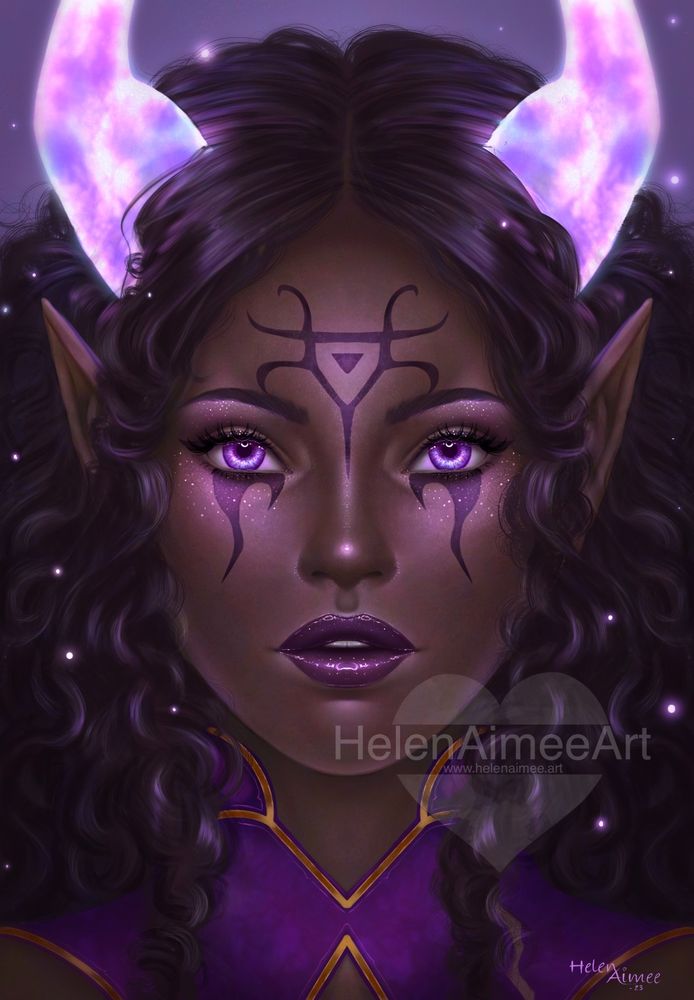 A symmetrical portrait of an elven (from The Elder Scrolls universe) woman with dark skin and bright purple eyes. She has curly hair and large soul gem horns growing out of the top of her head. She is surrounded by purple sparkles.