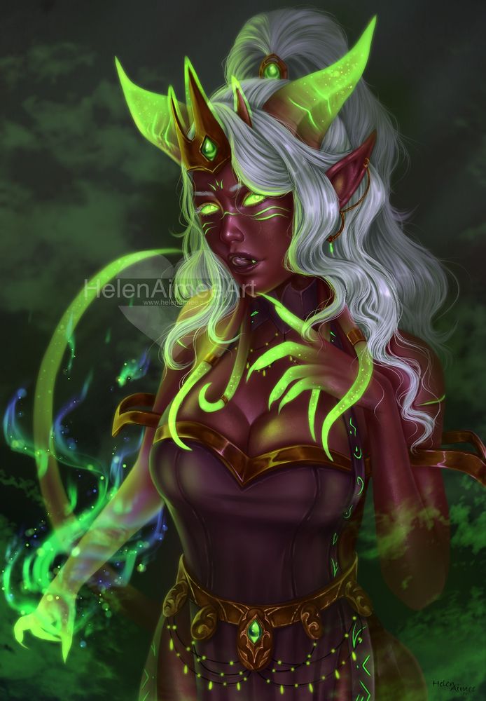 A head to waist portrait of a female Eredar character from World of Warcraft. She has dark red skin, long bright white hair which is tied into a high ponytail and her eyes are glowing an eerie green colour. The character has long tendrils which originate from behind her ears and large, thick horns growing from her forehead. Across her nose and cheeks are cracks in her skin which are also glowing the same eerie green as her eyes. She is dressed in burgundy robe with thick gold metal trims, down the length of the robe are glowing green runic symbols stitched into the fabric. She is casting a green and blue spell with her right hand and is looking at the viewer whilst licking her lips.