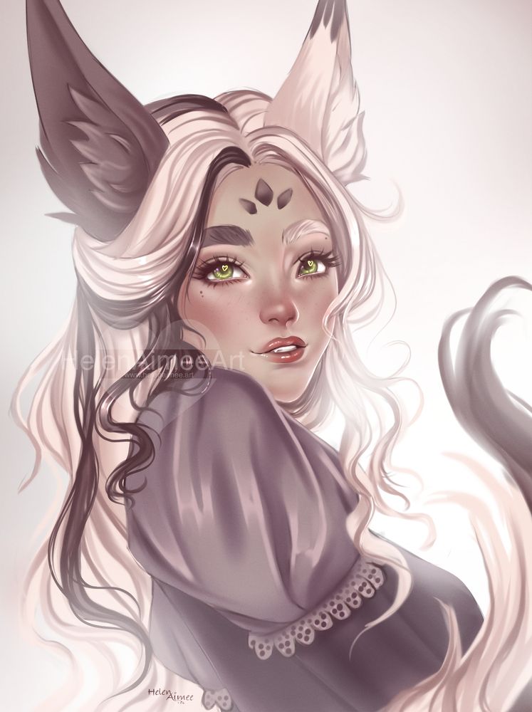 A cute portrait of a female character with large fox ears and tail. The character has pale skin with freckles, large green eyes and a mischievous smile. Her hair and eyebrows are half brown and half blonde. She is dressed in a puffy grey dress with lace around the sleeves. The background is white / cream and glowing.