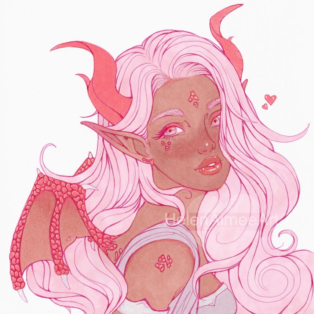 A head to bust traditional (alcohol markers and fine liners) drawing of a love demon character. She has dark tanned skin, pink eyes and light pink hair. The character has pink curled horns and small pink scaled wings.