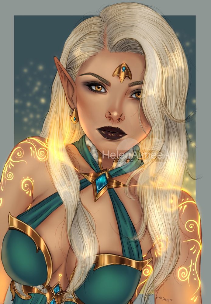 A sketch portrait of a half-Imperial half-Altmer (TES High elf) woman. The character has pale tanned / gold skin with swirls on glowing golden tattoos across her shoulders and arms, bright gold eyes and light blonde hair. She is wearing a teal halter neck dress with metallic gold detailing. The character has gold earrings, nose studs and a gold decorative plate in the middle of her forehead. She is staring at the viewer with a calm expression.
