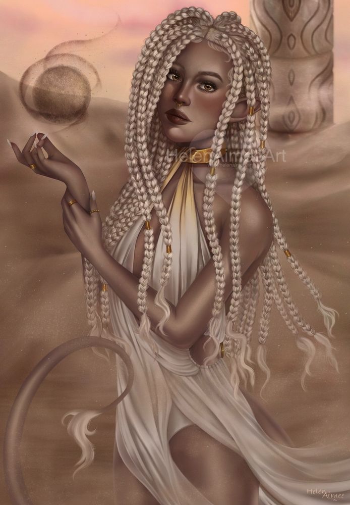 A half body painting of a female sphinx character, she is mainly human in appearance but has pointed ears and a tail with a tuft at the end. The character has dark caramel coloured skin, brown eyes and white hair which is styled into many braids. She is wearing a cream coloured dress with gold accents and is conjuring a ball of sand while looking curiously at the viewer. Behind the character are sand dunes, a worn looking pillar and a sunset sky.