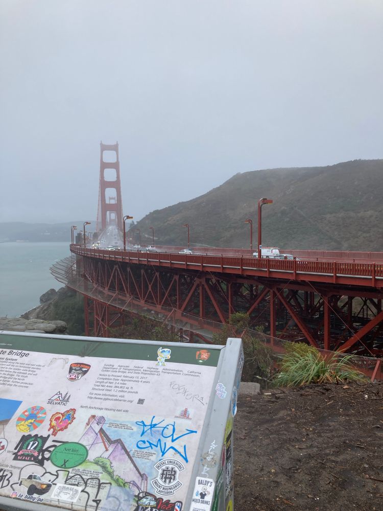 The Golden Gate Bridge seen from its north end on a rainy day. 
