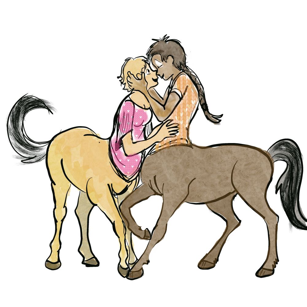 Two centaurs embrace 
