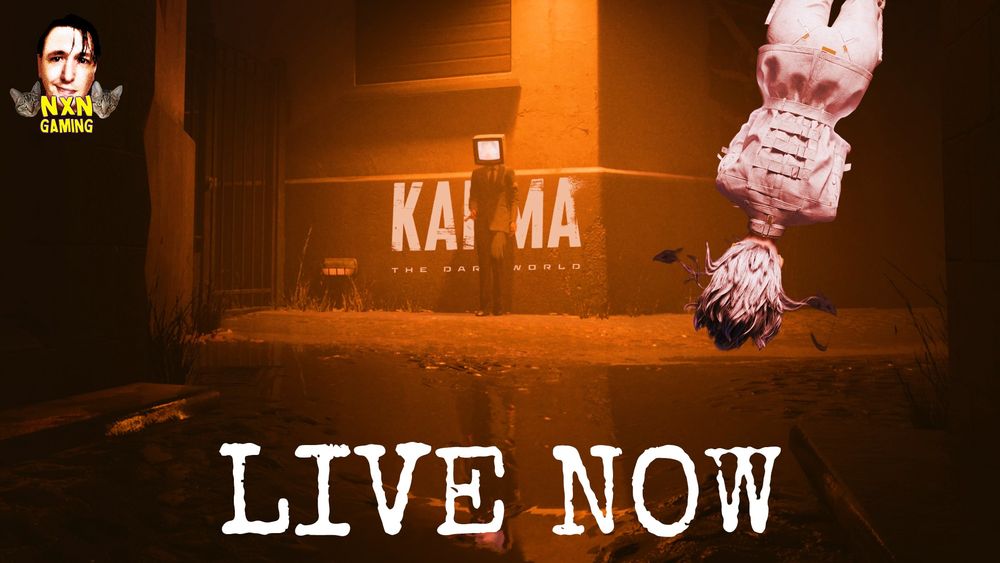 Thumbnail for karma the dark world, with my logo in the top left, a woman dangling in a straight jacket watching a man in a suit with a TV for a head leaning against a wall