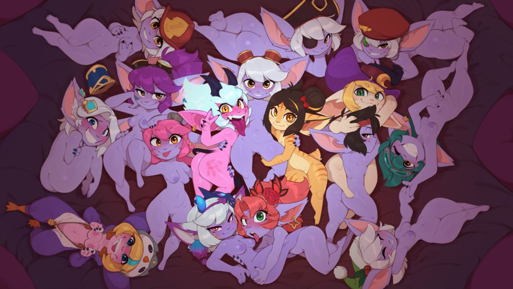 All sixteen tristana skins cuddling together naked