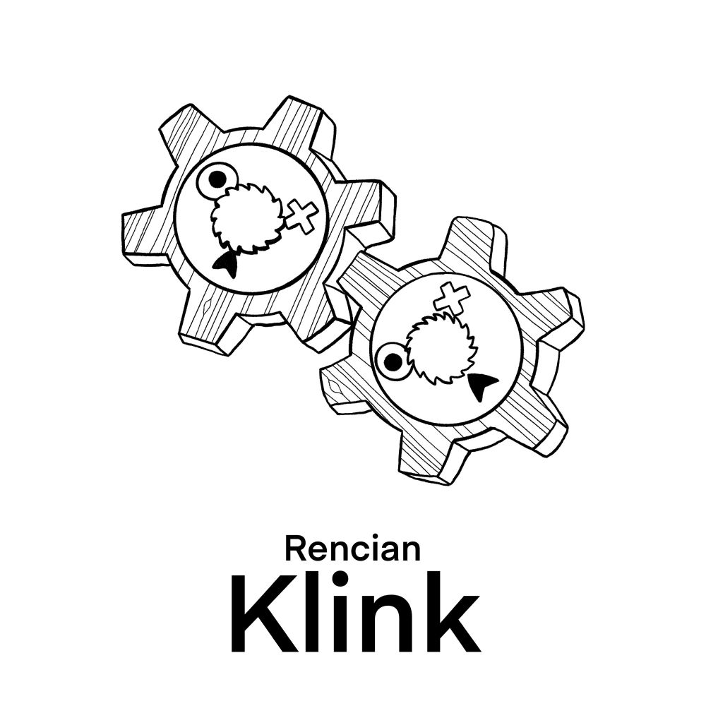 A black and white drawing of Rencian Klink. It’s a mechanical Pokémon made of two wooden gears.