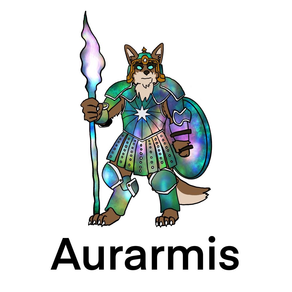 A colored drawing of Aurarmis. Aurarmis is a wolflike Pokémon that stands on two legs. It’s brown and wears armor and carries a spear and round shield, all of which is made of auroras.