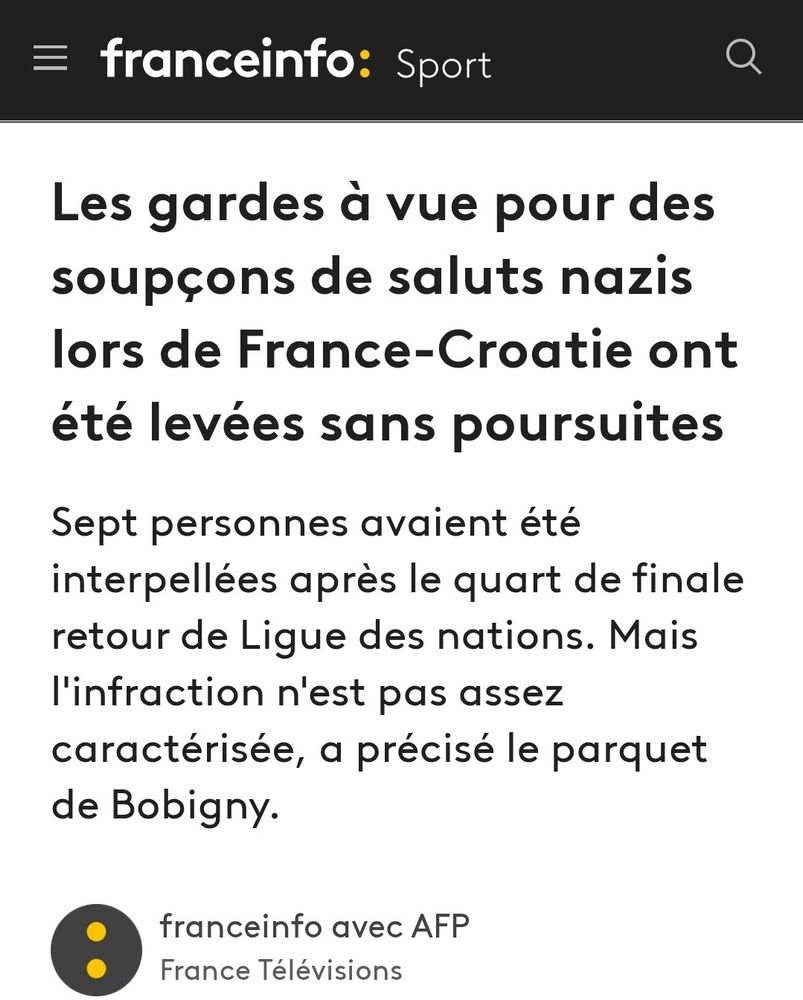 Les gardes à vue pour les saluts nazis lors de France-Croatie ont été levés sans poursuite, l'infraction n'étant pas assez caractérisée.