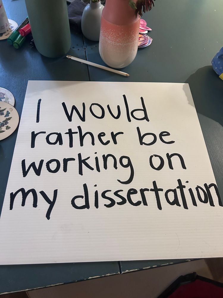 A white sign with black text that reads “I would rather be working on my dissertation”