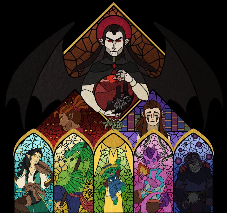 The full sticker illustration including Strahd himself and some additional [dearly] departed player characters.