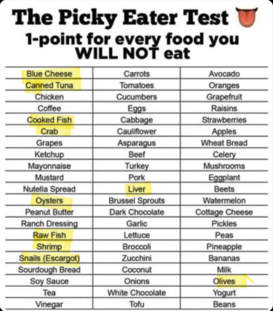 Picky eater list hightlighting bleu cheese, all seafood items, liver, olives