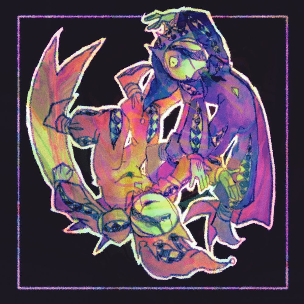 A drawing of both halves of Kittum, one upside down and one upright. They both are tiny, cherublike beings dressed like antique harlequin dolls. 