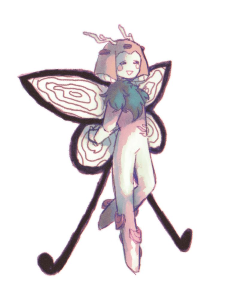 A drawing of Spriggan. She has a large pair of butterfly wings, moss green chest fur as well as mushrooms growing on parts of her body. She resembles a fairy. 