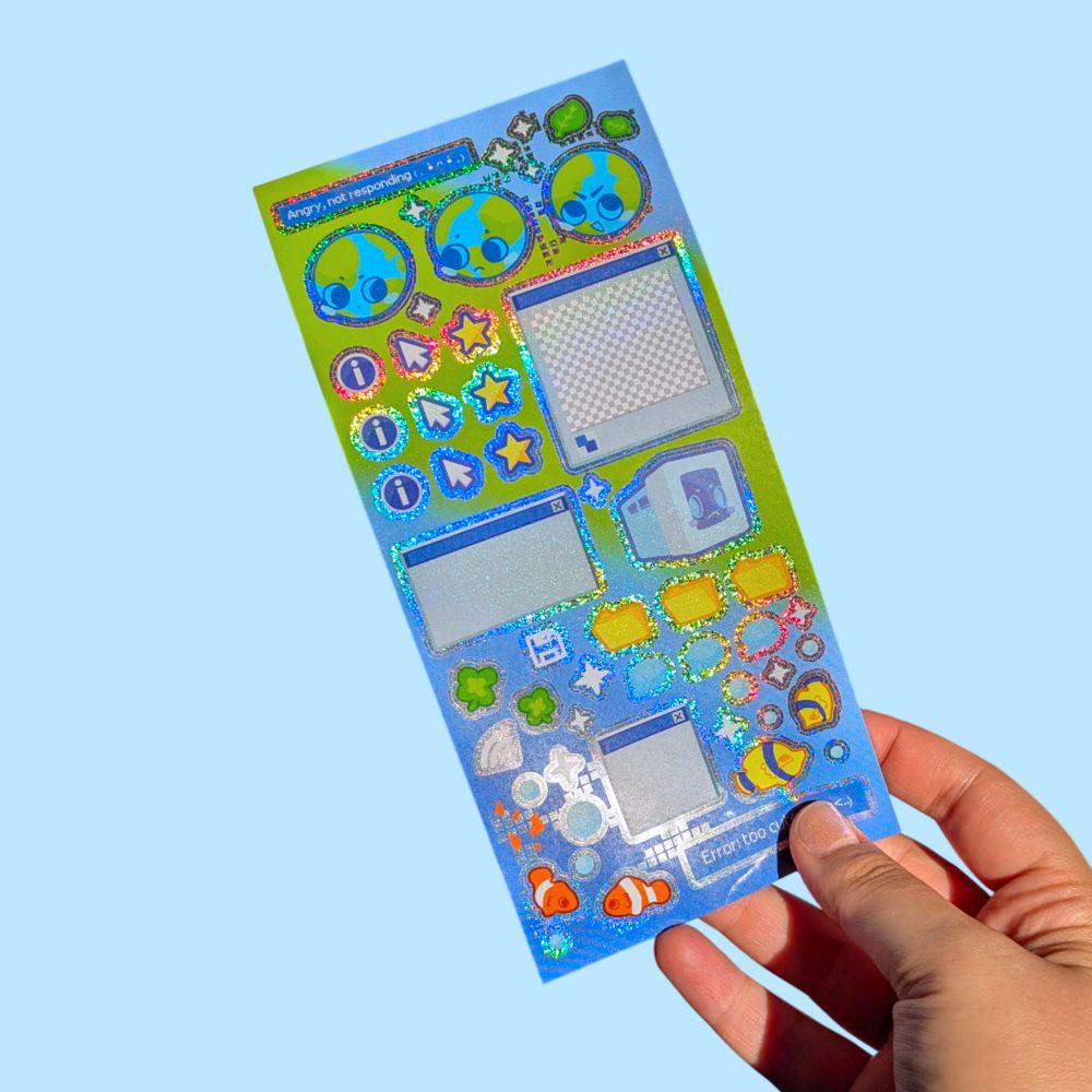 it's a glittery sticker sheet with lots of frutiger aero elements on it, such as the earth, fish, leaves and folders.