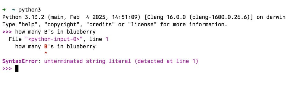 "how many B's in blueberry" entered in a Python REPL, causing a syntax error