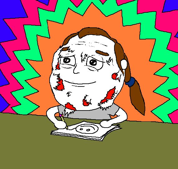 a human sits at a desk. behind them are layered, sharp rays of color: orange, green, magenta, blue. gray shirt, brown receding hair in a limp ponytail. their swollen face is peeling off, showing red blood/muscle underneath. they are smiling. on the desk is a stack of papers. they have drawn a smiley face with the pencil they are holding. just a disgusting creature.