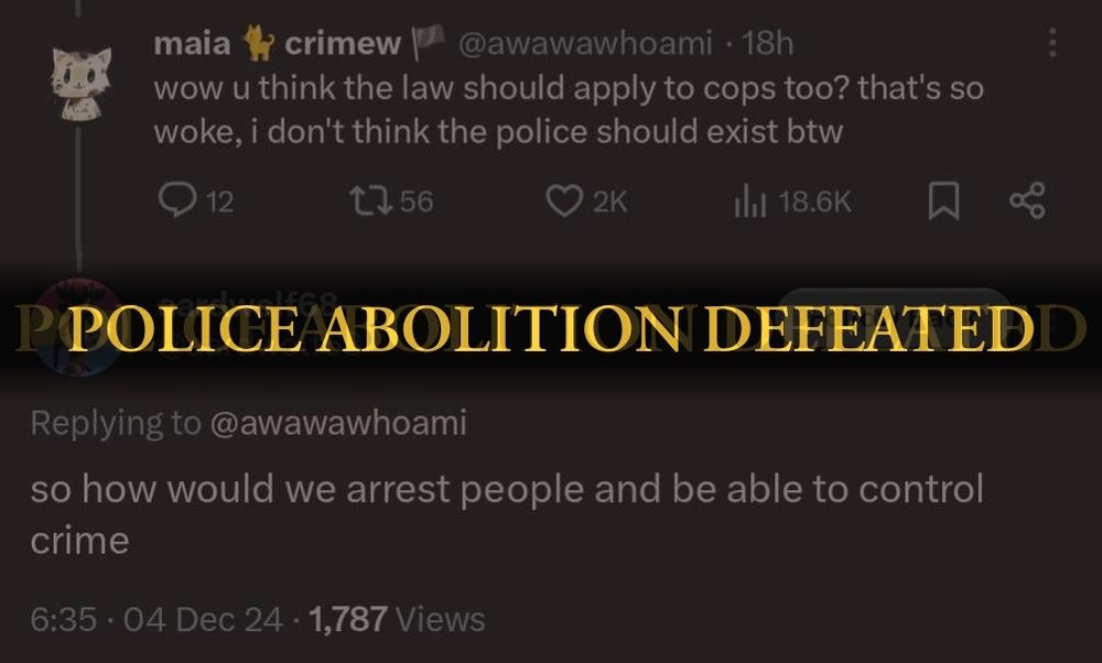 tweet from me: wow u think the law should apply to cops too? that's so woke, i don't think the police should exist btw
reply: so how would we arest people and be able to control crime
elden ring style overlay: police abolition defeated