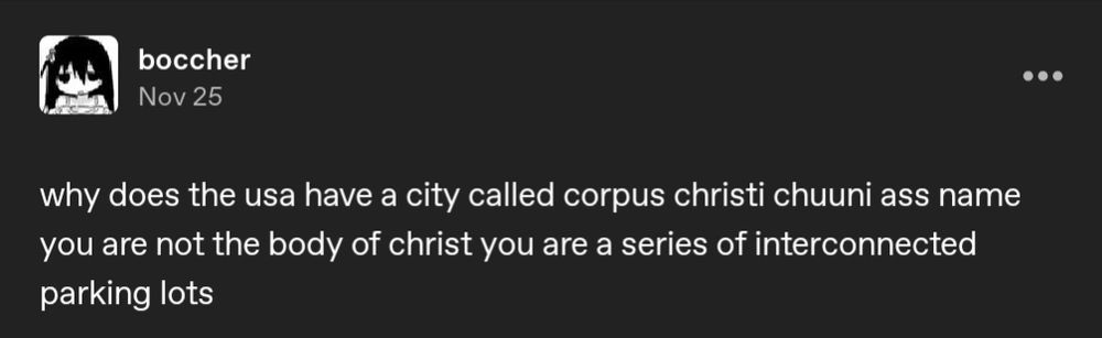 tumblr post by boccher: why does the usa have a city called corpus christi chuuni ass name you are not the body of christ you are a series of interconnected parking lots