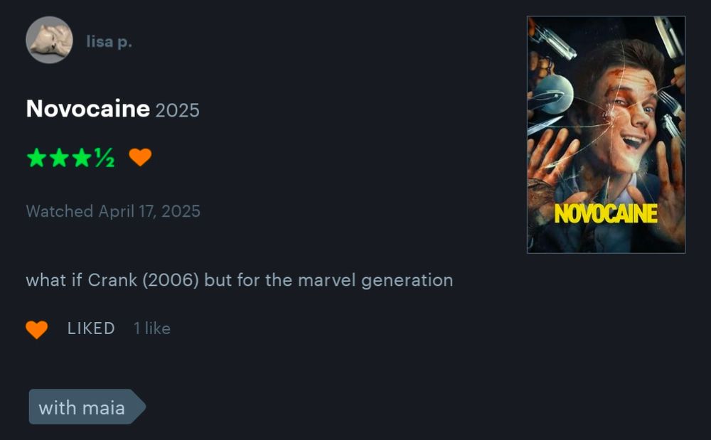 3.5 star letterboxd review of novocaine by lisa p: what if crank (2006) but for the marvel generation 