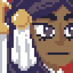 The pixel art image presents a half-profile of a young woman with a brown skin and dark hair and eyes. She wears a decoration on her head - a golden circle with long hanging 'feathers'. She is looking witb determination into distance. On the left side of the image there's presentation of a profile of a sword - simple design with golden handle and little haft.