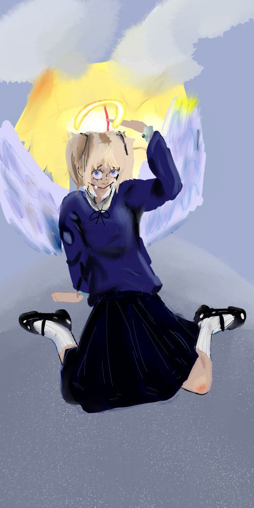 A drawing of an angel girl sitting on her knees