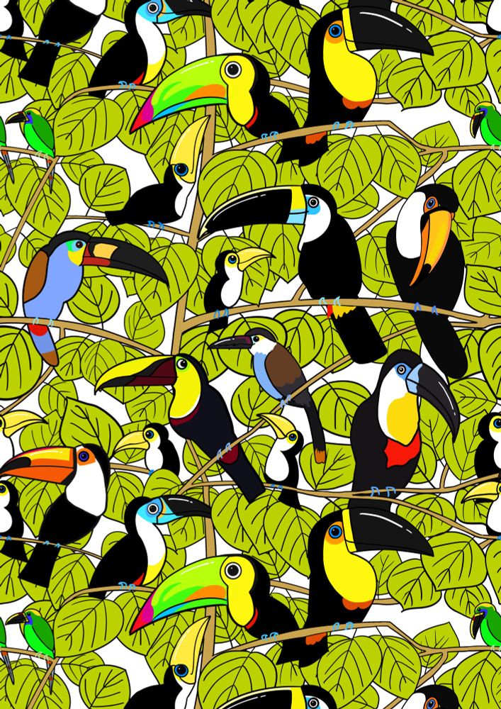 Cartoon drawing of toucans in a green leafy tree. It’s a pattern repeat so some of the toucans are there more than once. 