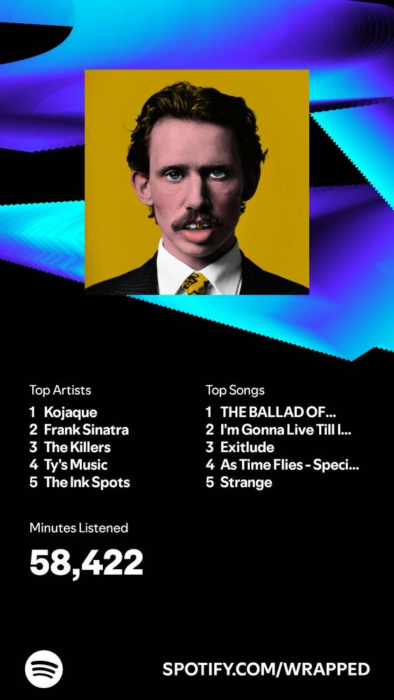 Mellows Spotify wrapped shows his top artists are Kojaque, Frank Sinatra, The Killers, Ty’s Music, and, The Ink Spots. His top songs of the year are THE BALLAD OF JACKIE DANDELION, I’m Gonna Live Till I Die, Exitlude, As Time Flies- Special Version, and, Strange
