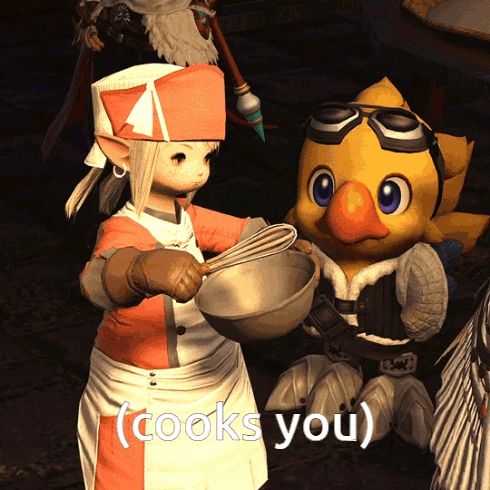 a cartoon character holding a bowl next to a cartoon character that says " cooks you "