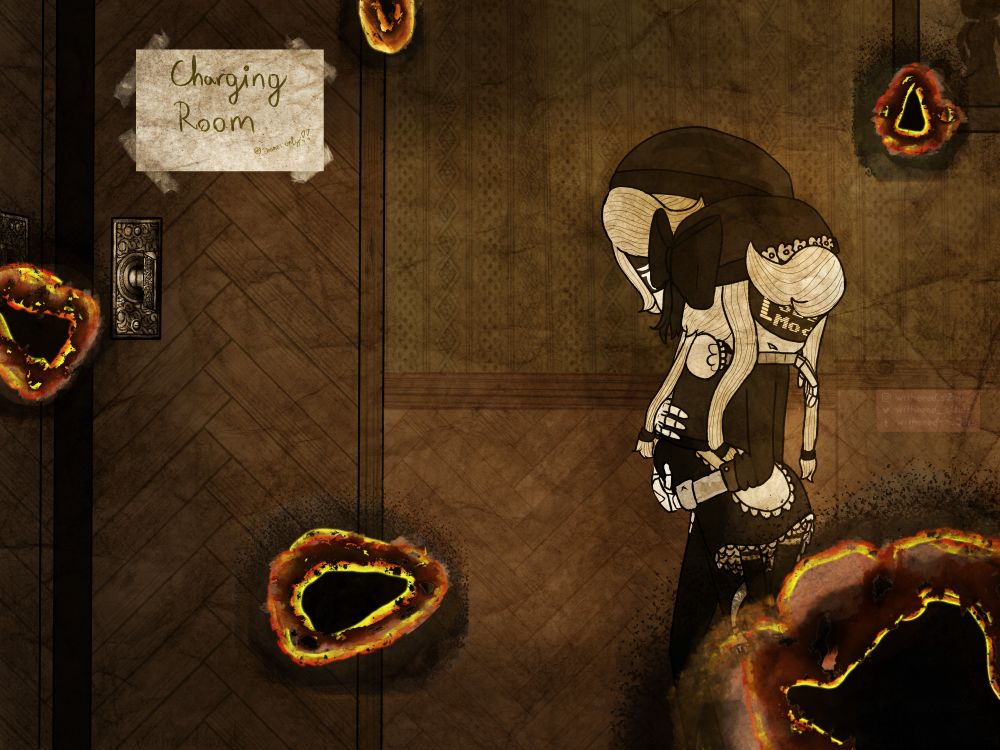 A digital drawing depicting N & Cyn from the indie show "Murder Drones" in their manor designs. 

N is carrying Cyn through a hallway, towards a door that has a paper sign labeled "Charging Room" taped to it. Cyn is in sleep mode, whilst N is shown  looking at her.

The whole picture has various overlays to make the picture appear like a photo that is older & faded of colour, which also gives a similar vibe to the colours used in the episode "Home" of the show. There are multiple holes burned into the photo, all showing bright yellow  glowing traces, implying that it is Nanite Acid from a Disassembly Drone's tail burning through the picture. 