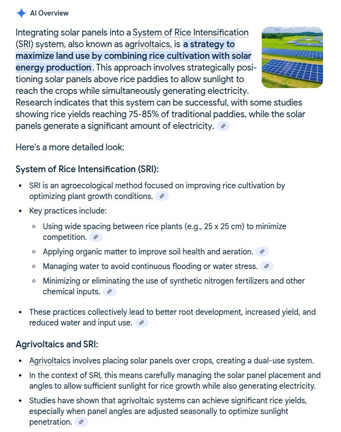 From: https://www.google.com/search?q=system+of+rice+intensification+solar+panels References: [1] https://spie.org/news/solar-panels-and-rice-fields-thrive-together-in-japanese-agrivoltaics-pilot [2] https://drawdown.org/solutions/system-of-rice-intensification [3] https://cals.cornell.edu/events/mainstreaming-sri-southeast-asia-trichoderma-innovations-sea-sri-regional-network [4] https://www.icimod.org/solutions/system-of-rice-intensification-sri/ [5] https://sri.ciifad.cornell.edu/aboutsri/methods/index.html [6] https://www.mdpi.com/2073-4395/14/2/378 [7] https://sciety-labs.elifesciences.org/articles/by?article_doi=10.20944/preprints202507.1384.v1 [8] https://www.cleanenergyeconomymn.org/blog/agrivoltaics [9] https://www.preprints.org/manuscript/202408.0025/v1 [10] https://www.iisd.org/articles/insight/micro-agrivoltaics-hiding-plain-sight [11] https://arraytechinc.com/blog/agrivoltaics-practically-speaking-and-solar-tracking/ [12] https://www.shizenenergy.net/en/2025/04/21/tokyu-land-corporation-and-shizen-energy-establish-new-company-for-agrivoltaic-business/ [13] https://extensionpubs.unl.edu/publication/ec3008/2016/pdf/view/ec3008-2016.pdf