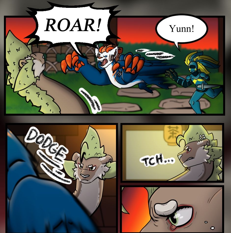 Assam lunges, teeth and claws bared. Yunn leans back as Azul rushes forward, calling Yunn's name. Yunn dodges Assam's attack and clicks her tongue in annoyance. 