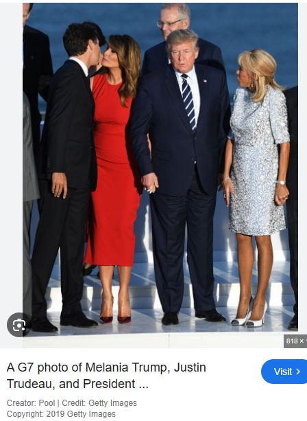 Melania Trump kissing Justin Trudeau on the cheek while standing next to Trump