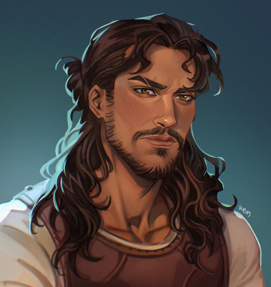 Illustration of a hot guard with long, dark hair half up, dreamy eyes, and a serious expression