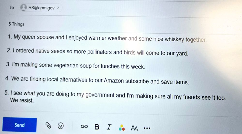 My list of five things for hr@opm.gov includes queer joy, native plants, vegetarian soup, defunding Amazon, and resistance. 