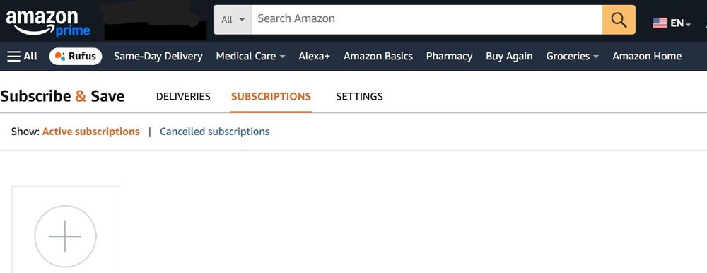 Image shows a blank Amazon Subscribe and Save page.