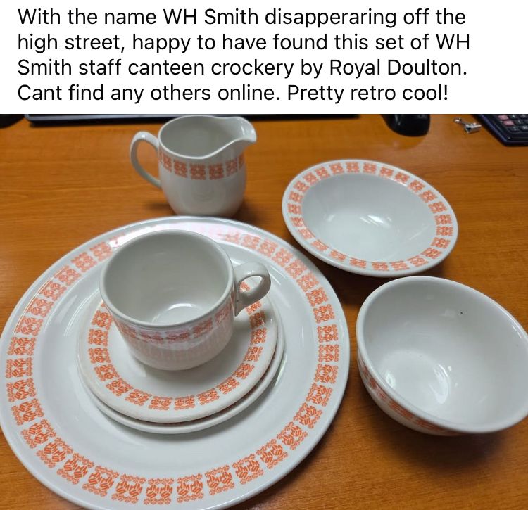 With the name WH Smith disappearing off the high street, happy to have found this set of WH Smith staff canteen crockery by Royal Doulton.
Cant find any others online. Pretty retro cool!