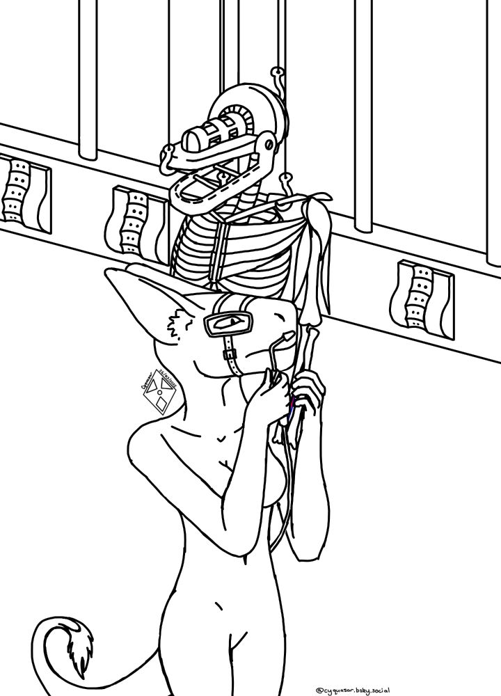Phoenix the Everizion Dragon wearing specialised goggles to construct a robotic version of herself. The robot is supported by hooks and is docked to a construction rack.